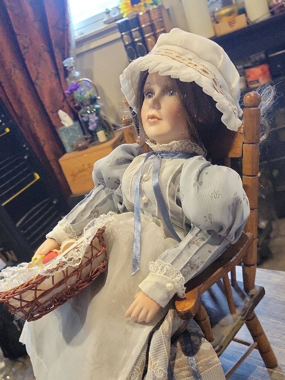 Porcelean Doll By Heritage/ " Betsy Ross" W/ Wood Chair & Acessories/ Good Cond.